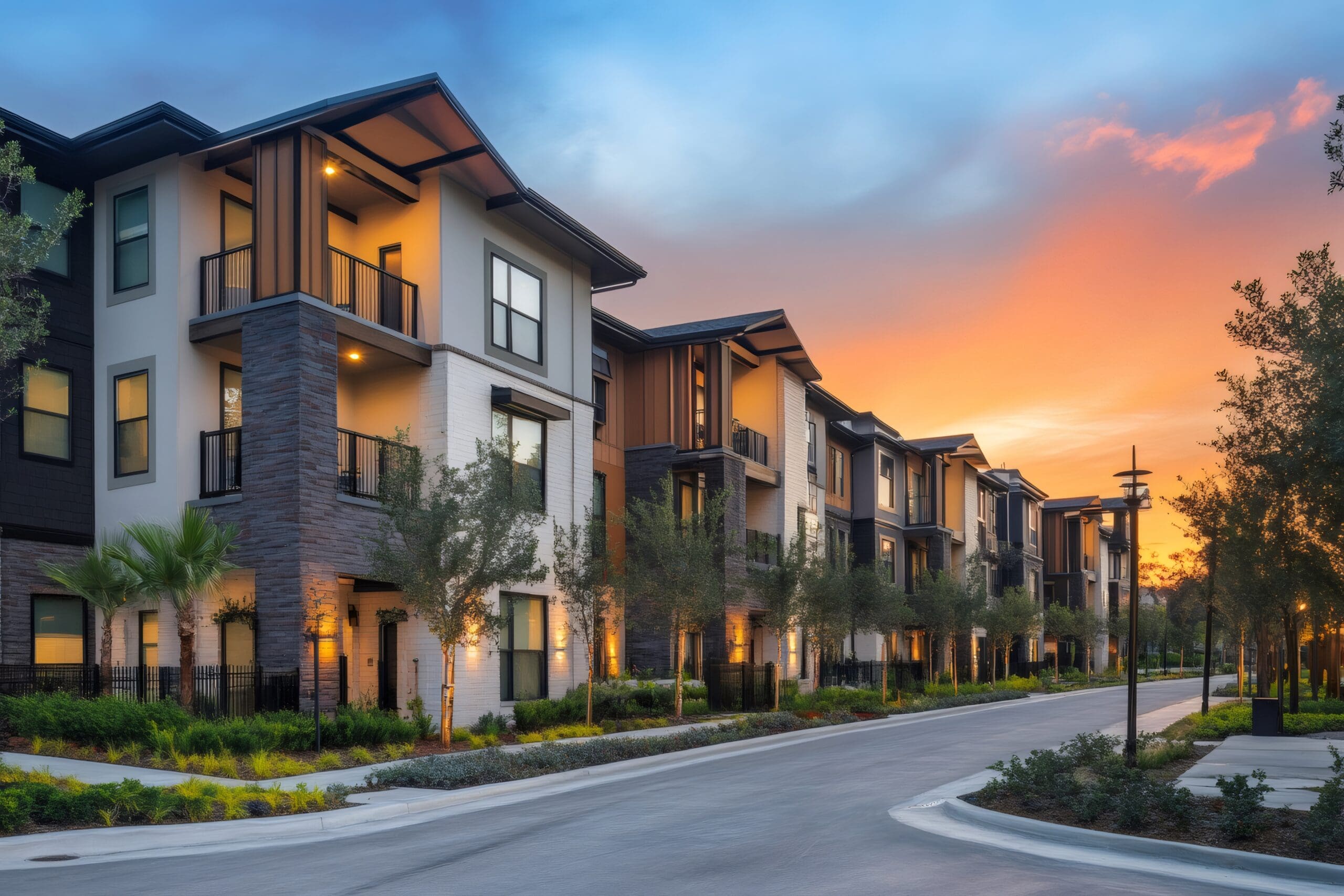 Modern residential buildings at sunset: new luxury apartments with balconies and landscaping Street of residential houses.